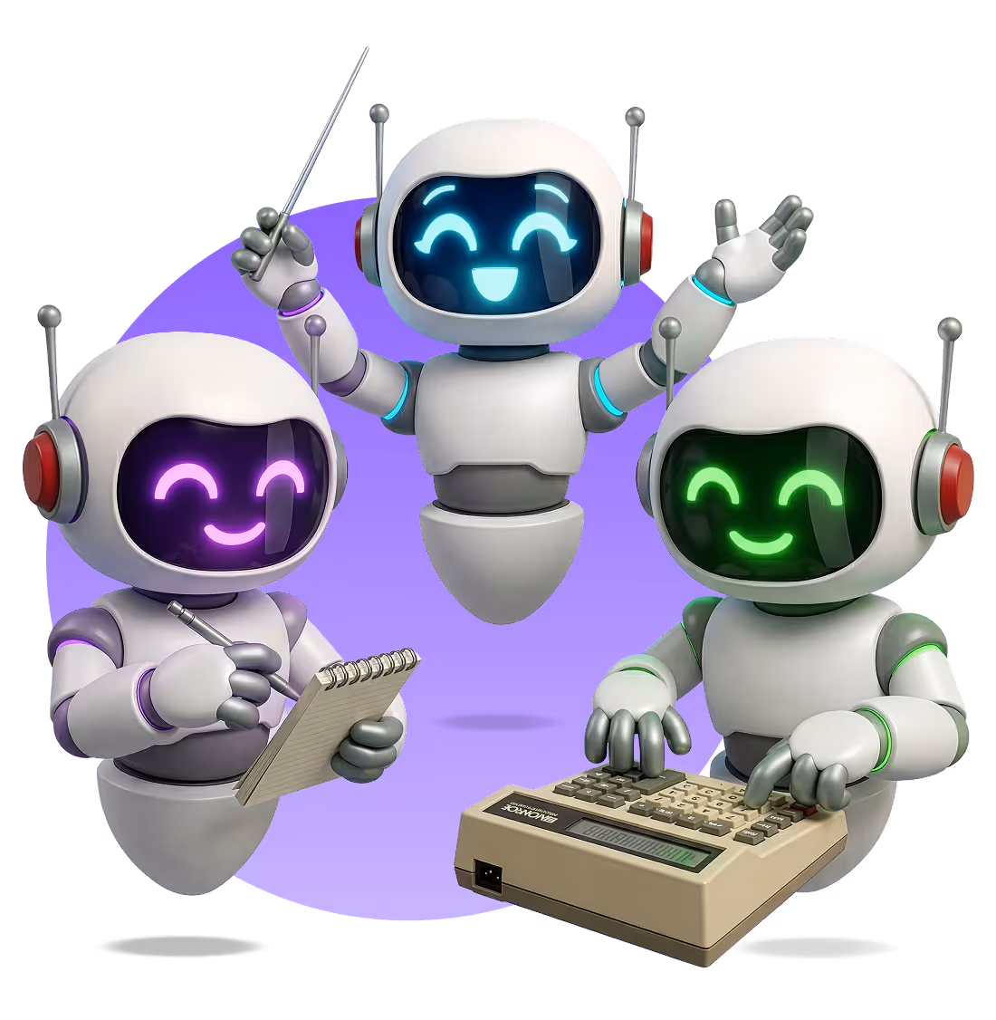 Three cheerful white robots with glowing eyes, one holding a conductor's baton, one writing on a notepad, and one typing on a vintage calculator.