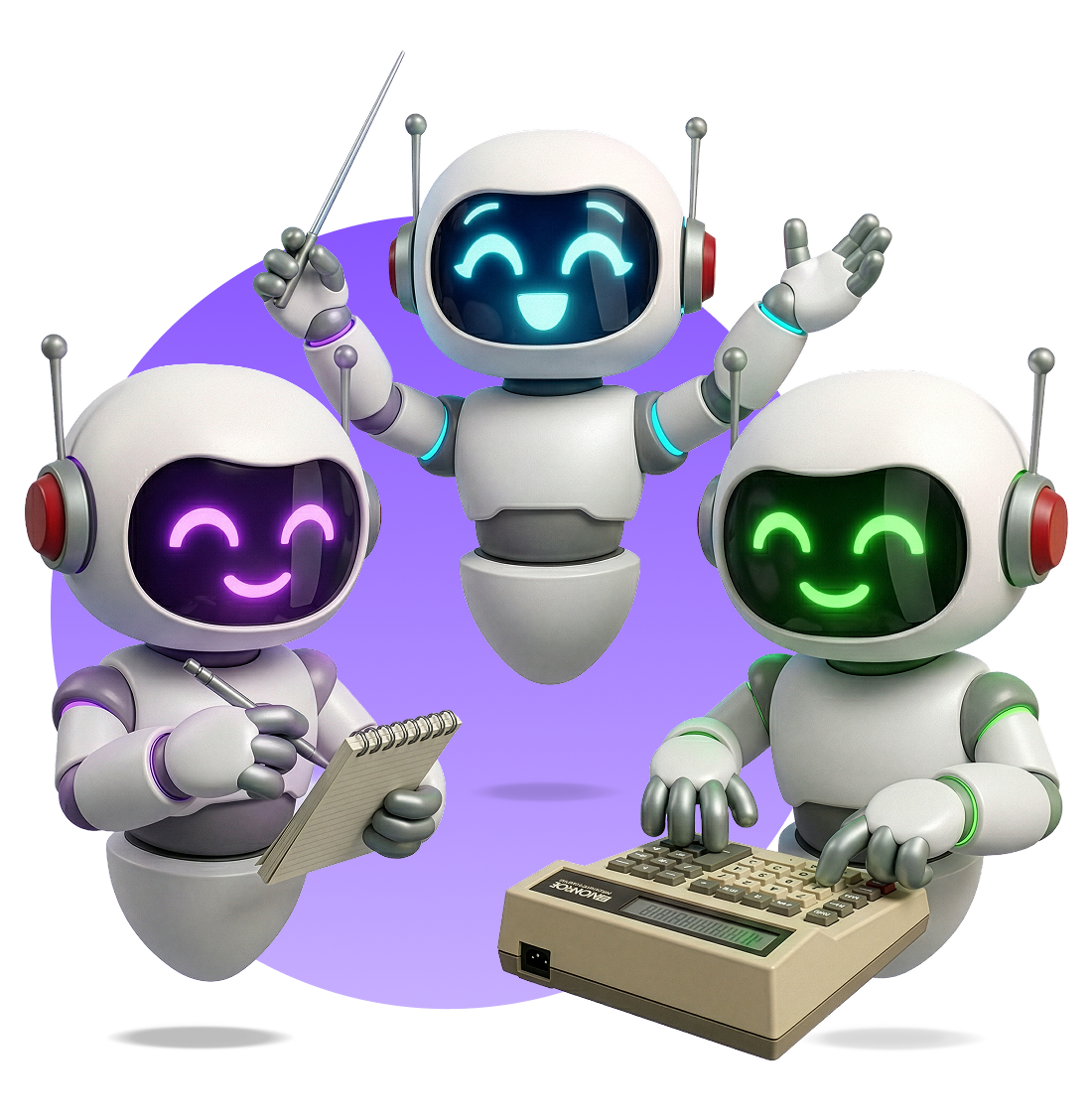 Three cheerful white robots with glowing eyes, one holding a conductor's baton, one writing on a notepad, and one typing on a vintage calculator.