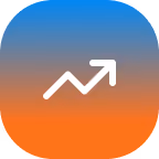 White upward trending arrow graph icon on a blue to orange gradient background.