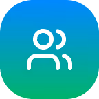 White user group icon with two abstract figures on a blue to green gradient rounded square background.