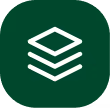 White layered stack icon on a dark green rounded square background.