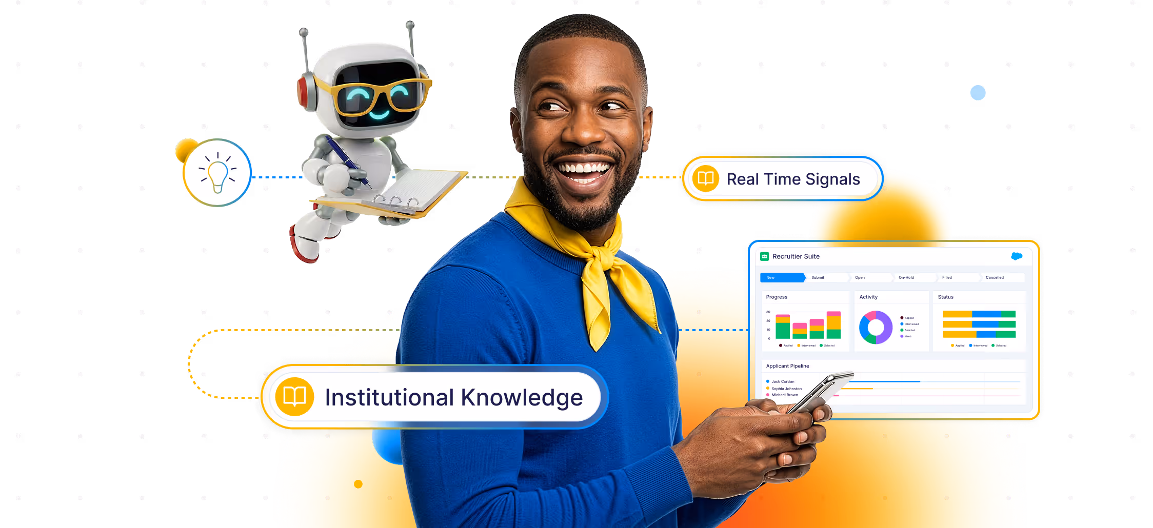 Smiling man in a blue sweater and yellow scarf holding a phone, with a friendly robot taking notes and digital labels reading Institutional Knowledge and Real Time Signals.