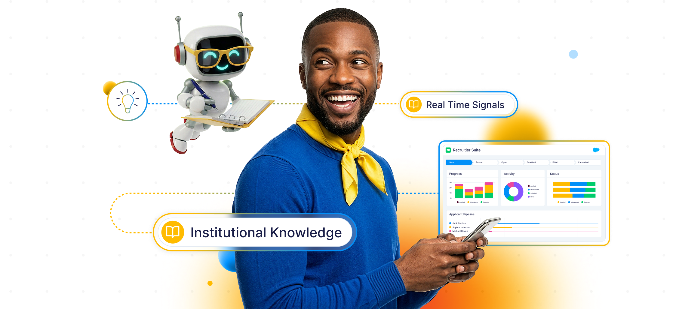 Smiling man in a blue sweater and yellow scarf holding a phone, with a friendly robot taking notes and digital labels reading Institutional Knowledge and Real Time Signals.