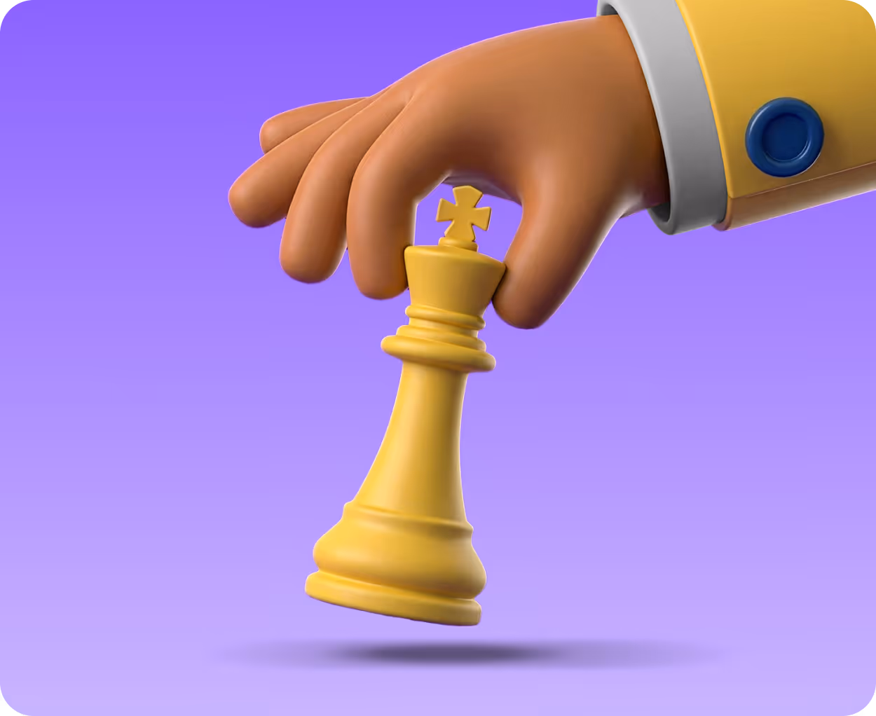 3D hand holding a yellow king chess piece against a purple gradient background.
