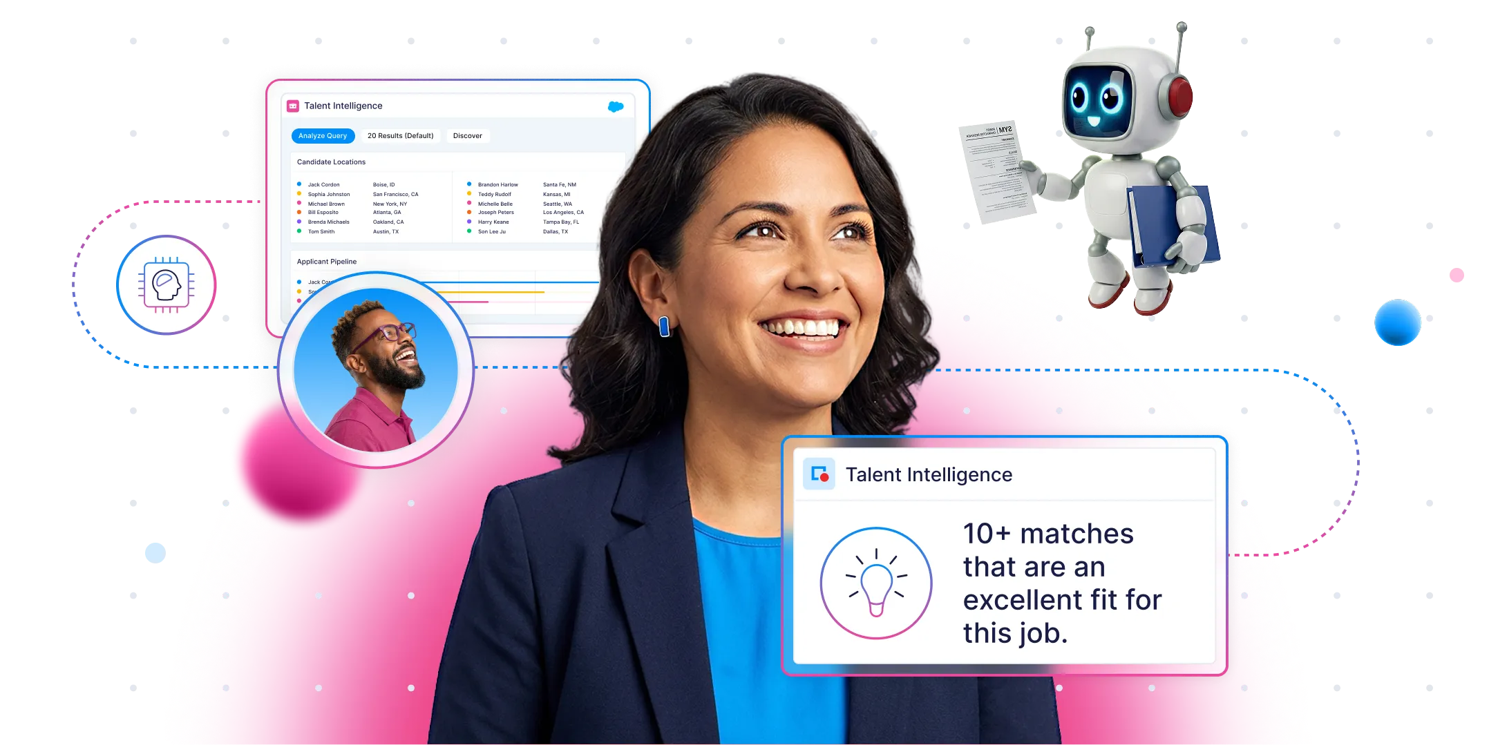 Smiling woman with dark hair in business attire, surrounded by digital talent intelligence interfaces and a friendly robot holding a paper.