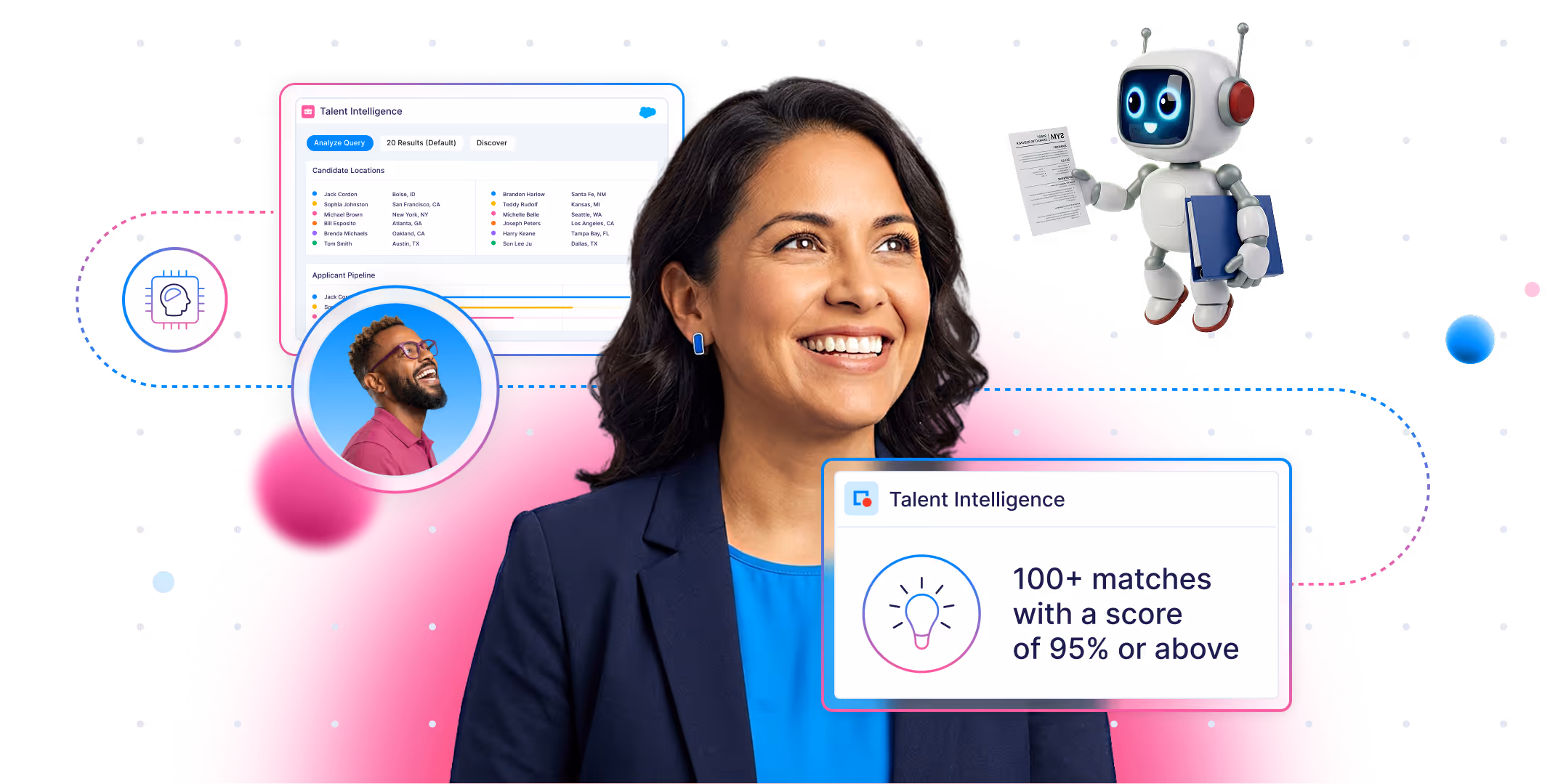 Smiling woman with dark hair in business attire, surrounded by digital talent intelligence interfaces and a friendly robot holding a paper.