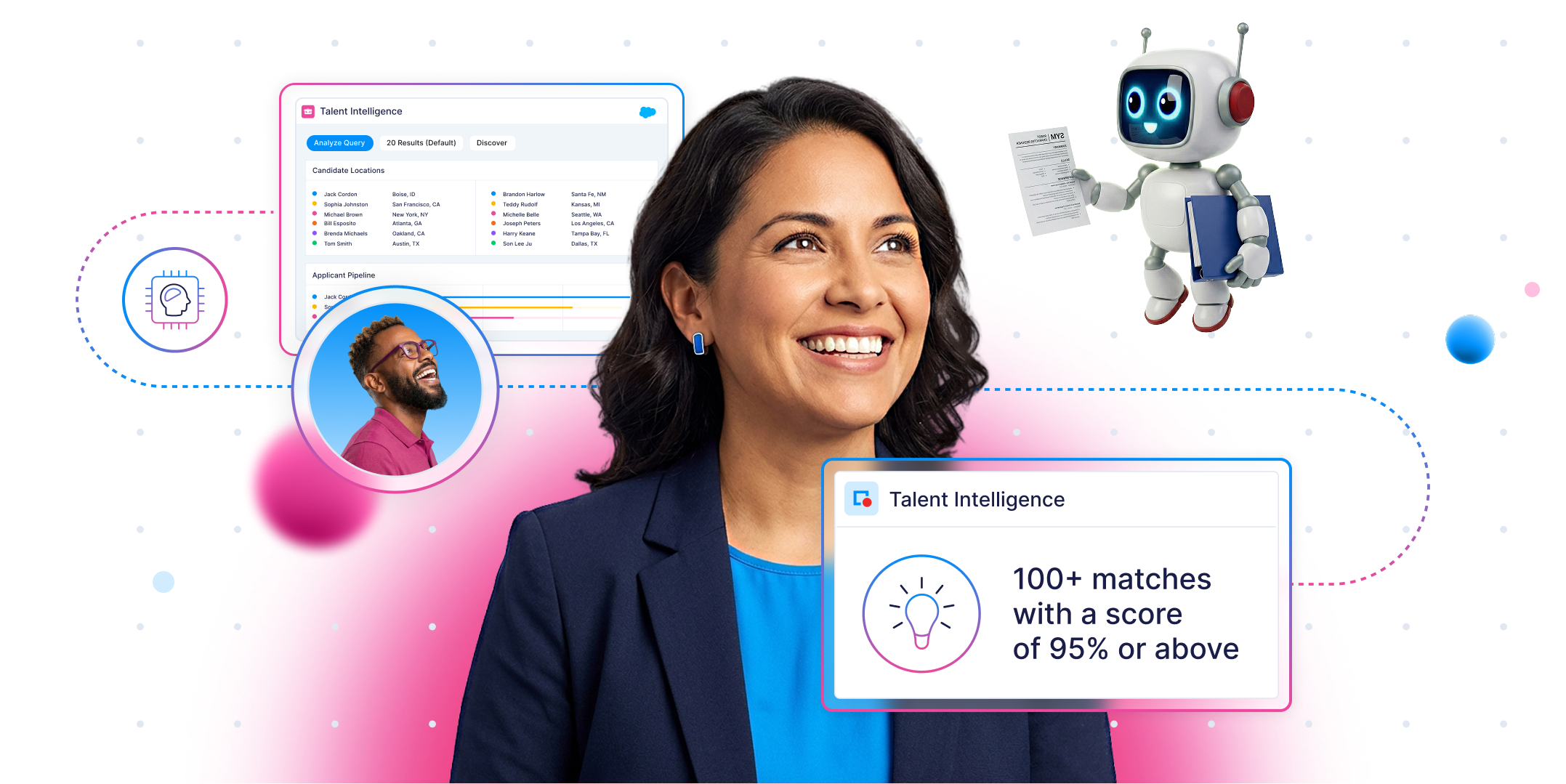 Smiling woman with dark hair in business attire, surrounded by digital talent intelligence interfaces and a friendly robot holding a paper.