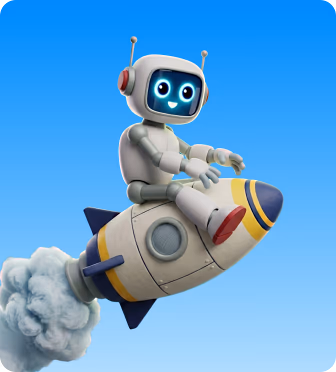 Friendly cartoon robot with blue glowing eyes riding a small rocket against a blue sky background.