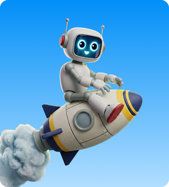 Friendly cartoon robot with blue glowing eyes riding a small rocket against a blue sky background.