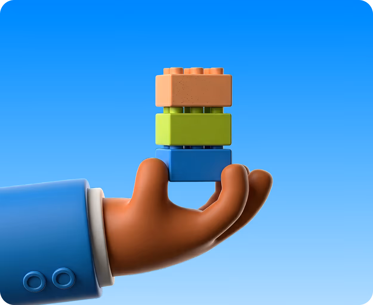A stylized hand in a blue sleeve holding three stacked toy building blocks in orange, green, and blue against a blue gradient background.
