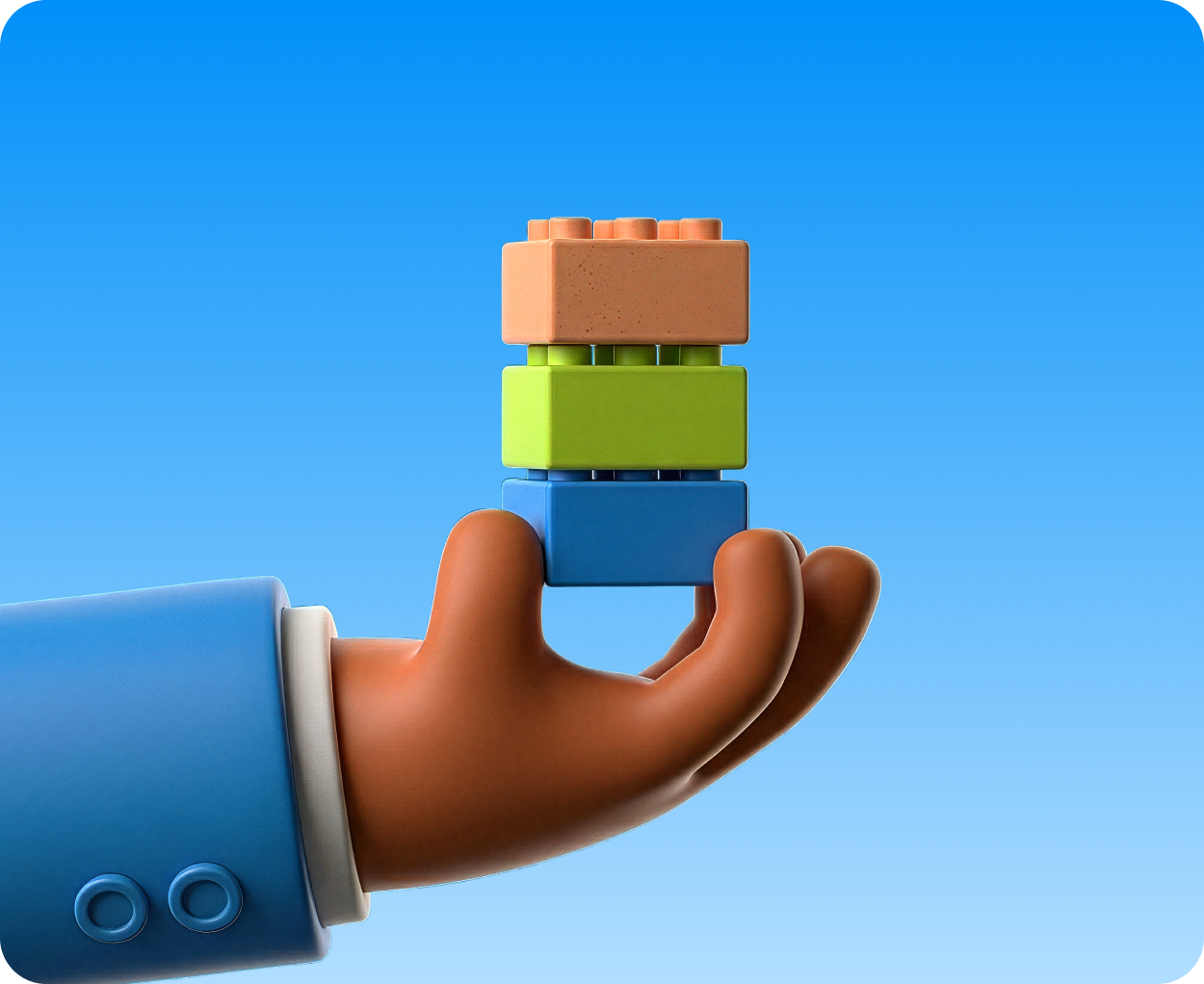 A stylized hand in a blue sleeve holding three stacked toy building blocks in orange, green, and blue against a blue gradient background.