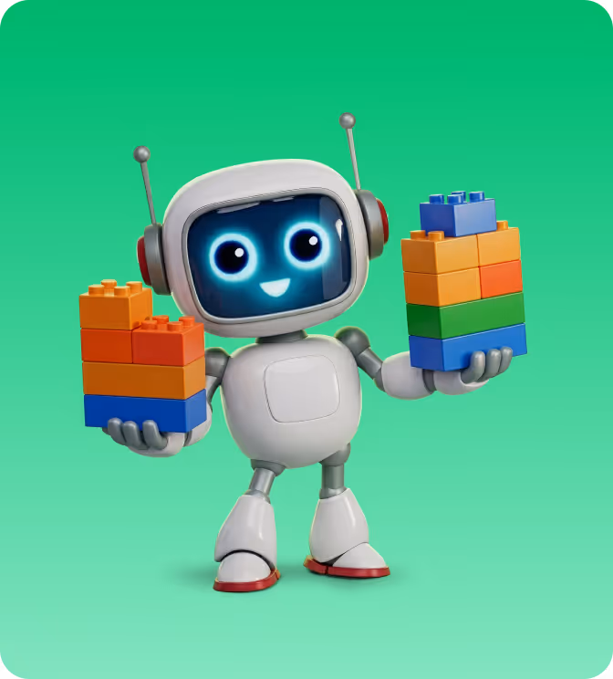 Cute white robot with a smiling digital face holding colorful building blocks in both hands against a green background.