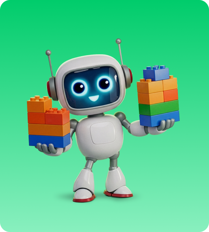Cute white robot with a smiling digital face holding colorful building blocks in both hands against a green background.