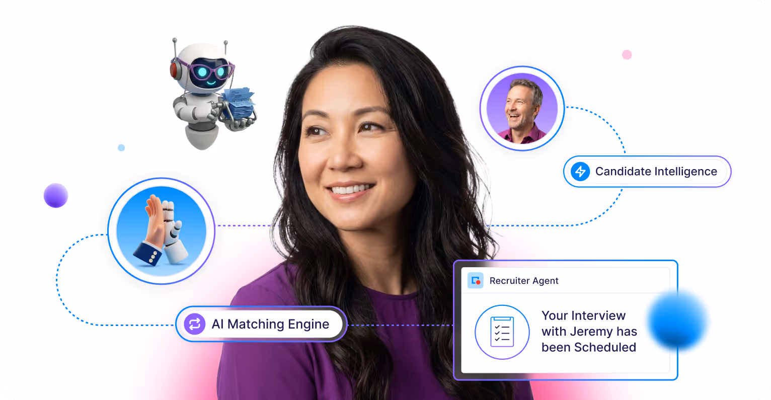 Smiling woman with long dark hair surrounded by icons representing AI Matching Engine, Candidate Intelligence, and a scheduled interview notification.