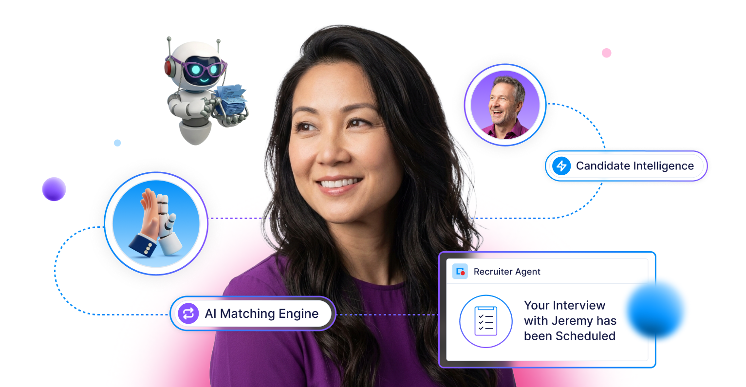 Smiling woman with long dark hair surrounded by icons representing AI Matching Engine, Candidate Intelligence, and a scheduled interview notification.