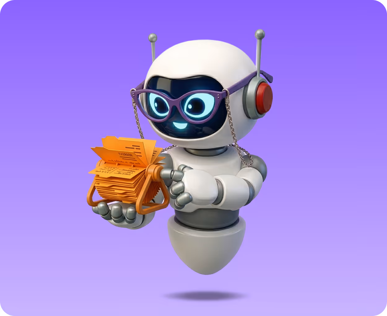 Smiling white robot with purple glasses holding a Rolodex card holder with orange cards against a purple gradient background.