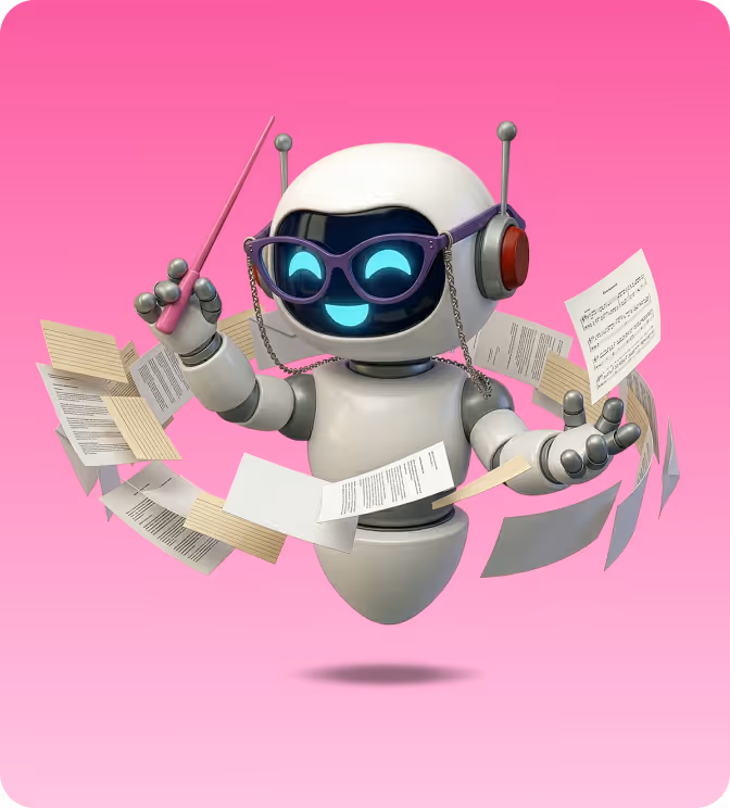 Smiling robot wearing purple glasses and headphones conducting a swirl of floating papers with a baton on a pink background.