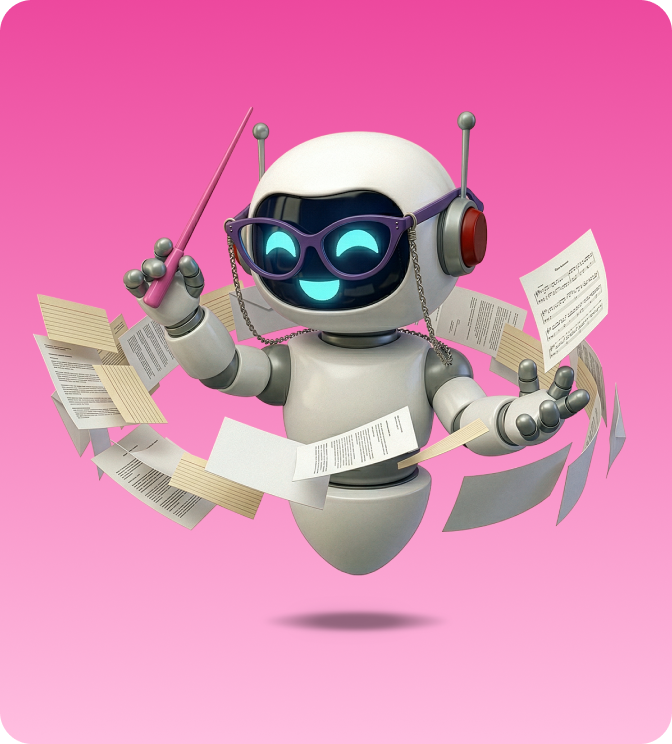 Smiling robot wearing purple glasses and headphones conducting a swirl of floating papers with a baton on a pink background.