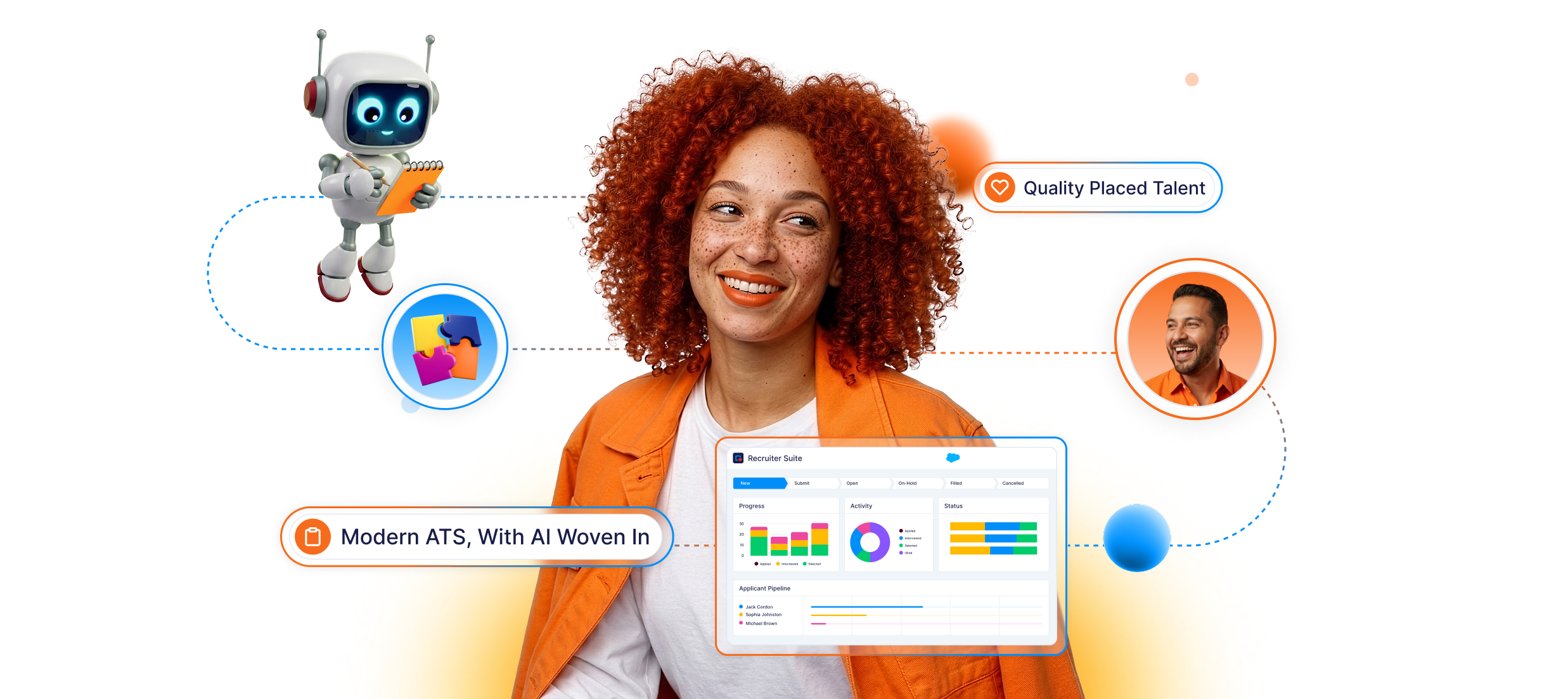 Smiling woman with curly red hair and orange jacket surrounded by icons of a robot, puzzle pieces, a smiling man, and a recruiter dashboard with labels Quality Filled Roles and Talent Relationship Management.