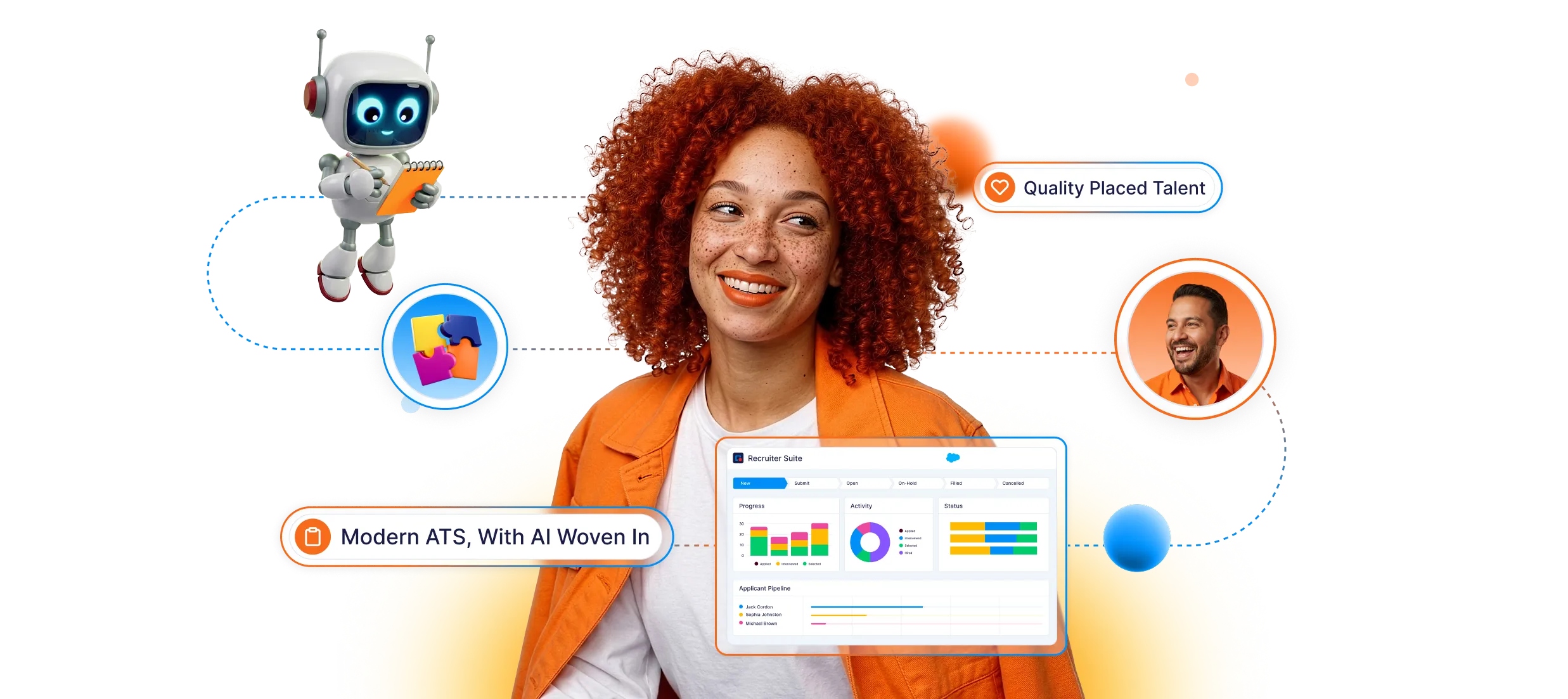 Smiling woman with curly red hair and orange jacket surrounded by icons of a robot, puzzle pieces, a smiling man, and a recruiter dashboard with labels Quality Filled Roles and Talent Relationship Management.