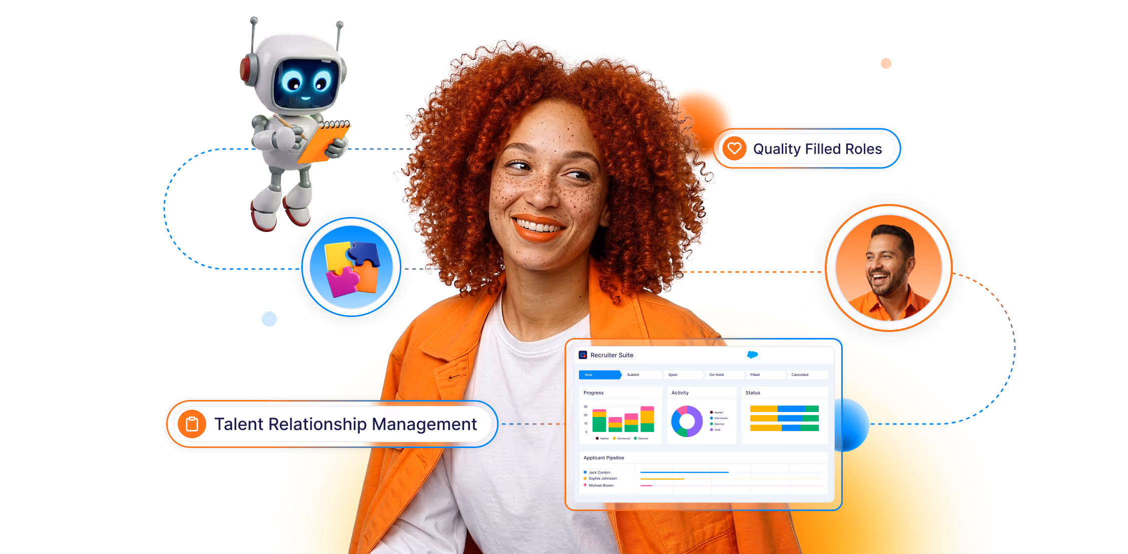 Smiling woman with curly red hair and orange jacket surrounded by icons of a robot, puzzle pieces, a smiling man, and a recruiter dashboard with labels Quality Filled Roles and Talent Relationship Management.
