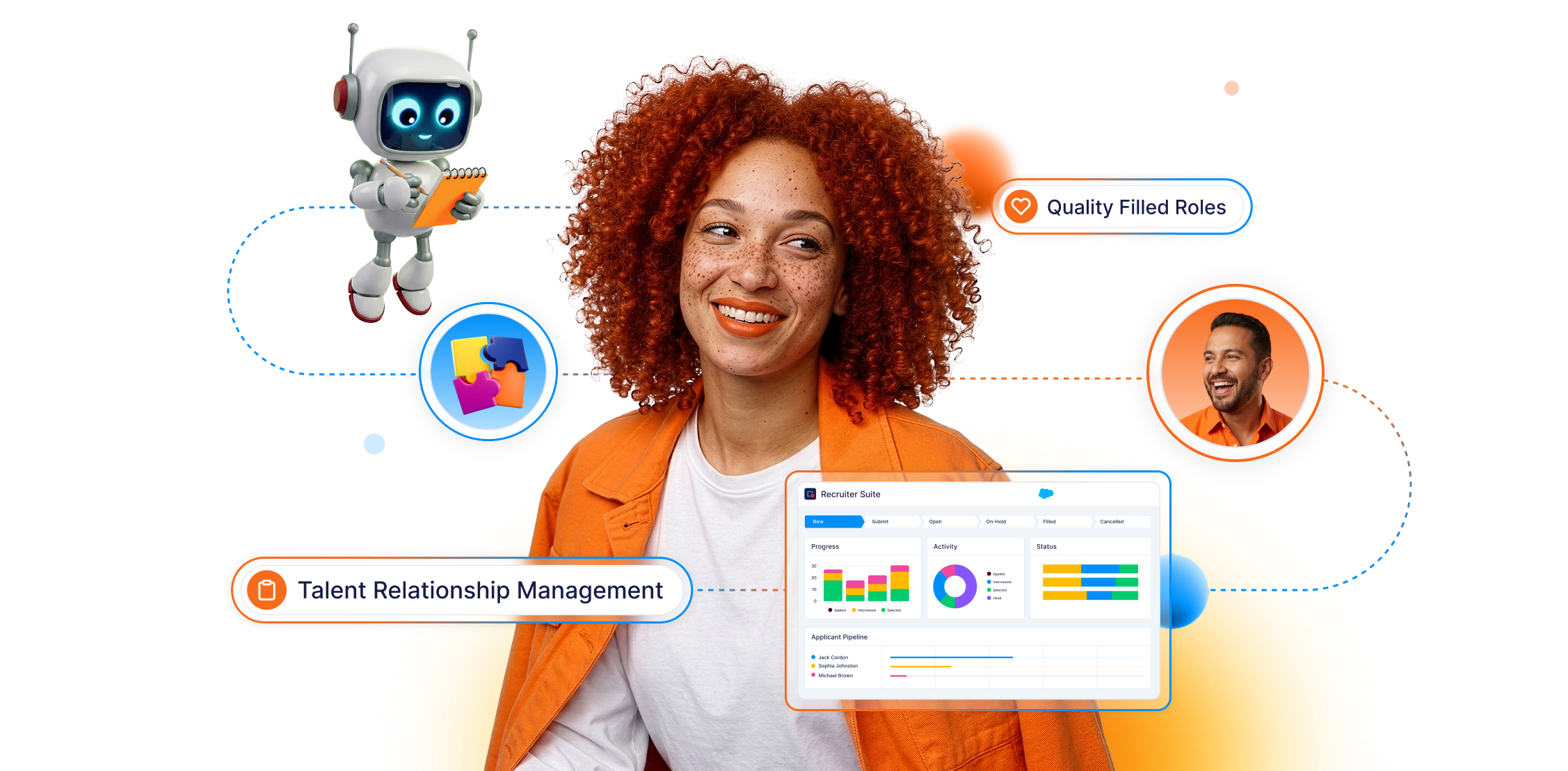 Smiling woman with curly red hair and orange jacket surrounded by icons of a robot, puzzle pieces, a smiling man, and a recruiter dashboard with labels Quality Filled Roles and Talent Relationship Management.