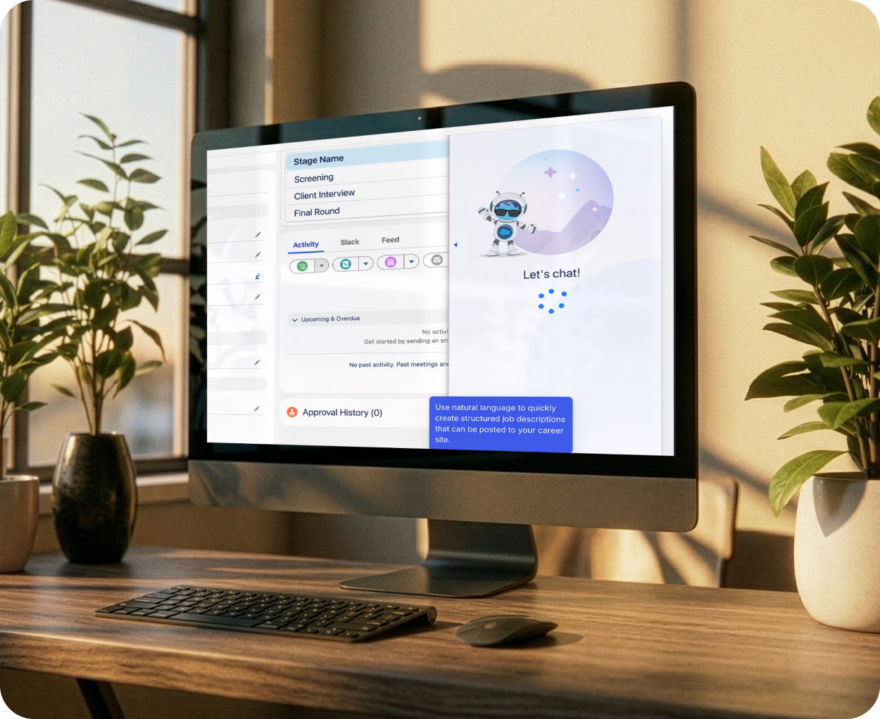 Desktop computer on wooden desk displaying a chat interface with a friendly robot and job description creation tips, flanked by two potted plants.