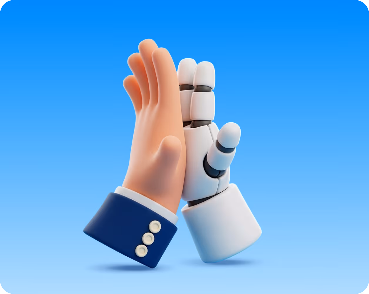 Illustration of a human hand in a blue suit sleeve and a white robotic hand doing a high five against a blue background.