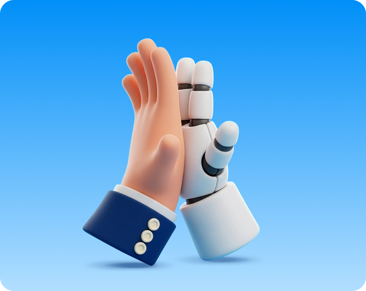 Illustration of a human hand in a blue suit sleeve and a white robotic hand doing a high five against a blue background.