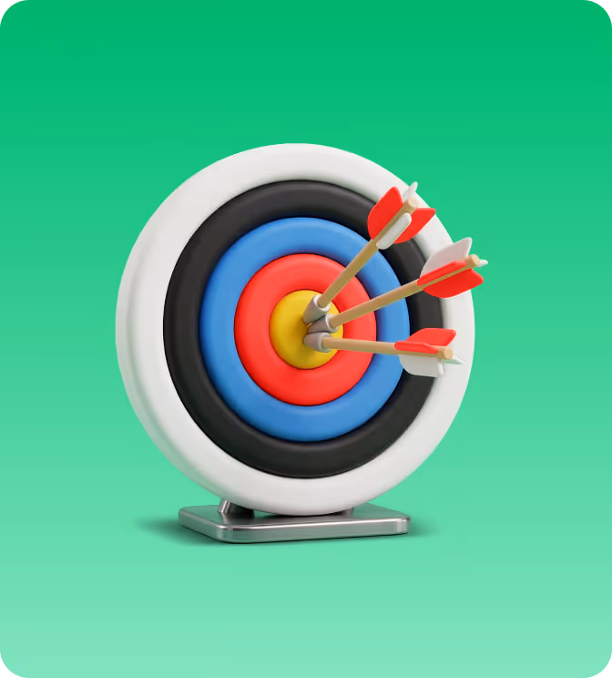 Archery target with three red-fletched arrows hitting the yellow bullseye on a green background.