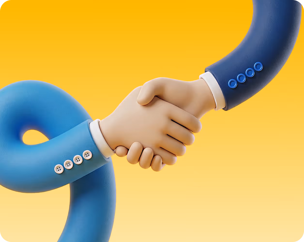 3D illustration of two hands shaking with exaggerated, curved arms wearing blue suits against a yellow background.