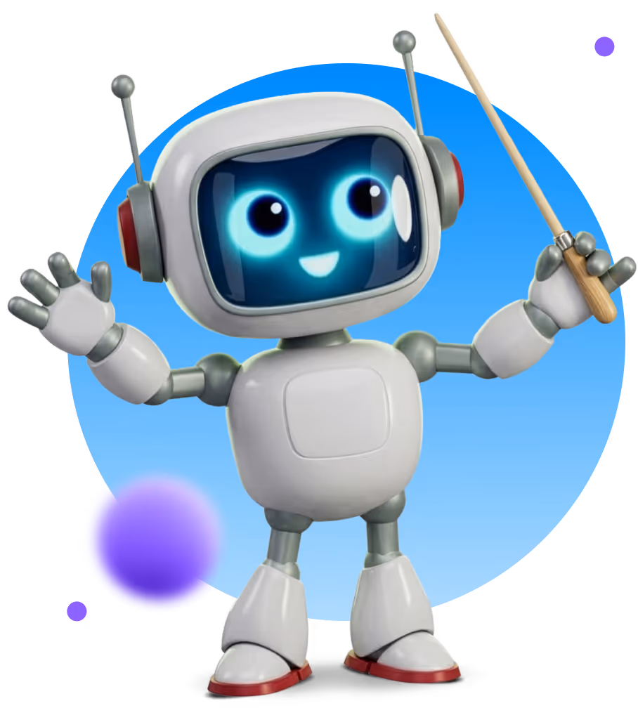 Cute robot with glowing blue eyes holding a wooden pointer, standing in front of a blue circular background.