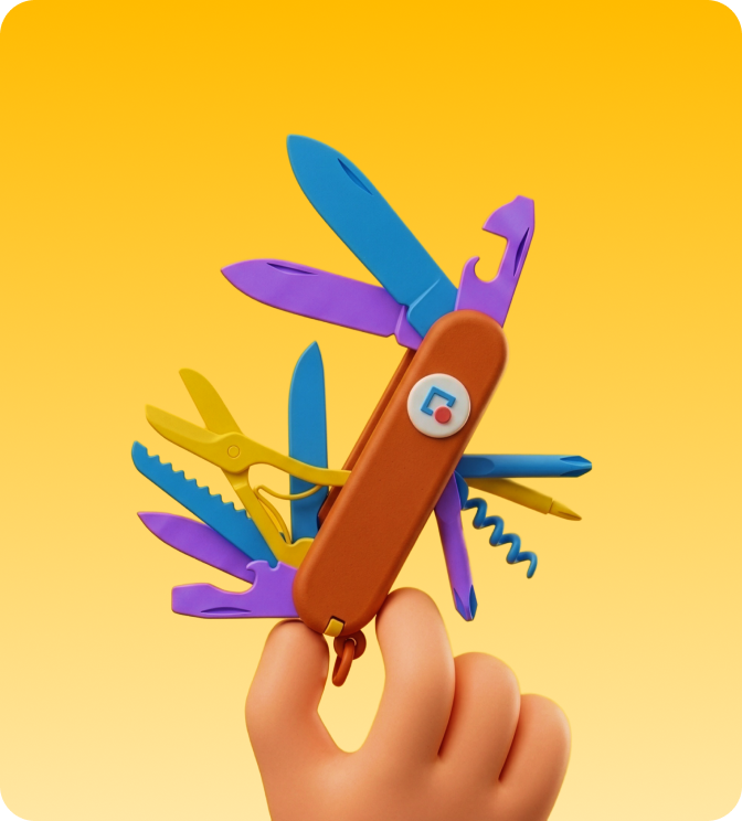 Hand holding a brown Swiss Army knife with multiple colorful tools extended against a yellow gradient background.
