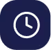 White clock icon inside a rounded dark blue square.