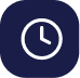 White clock icon inside a rounded dark blue square.