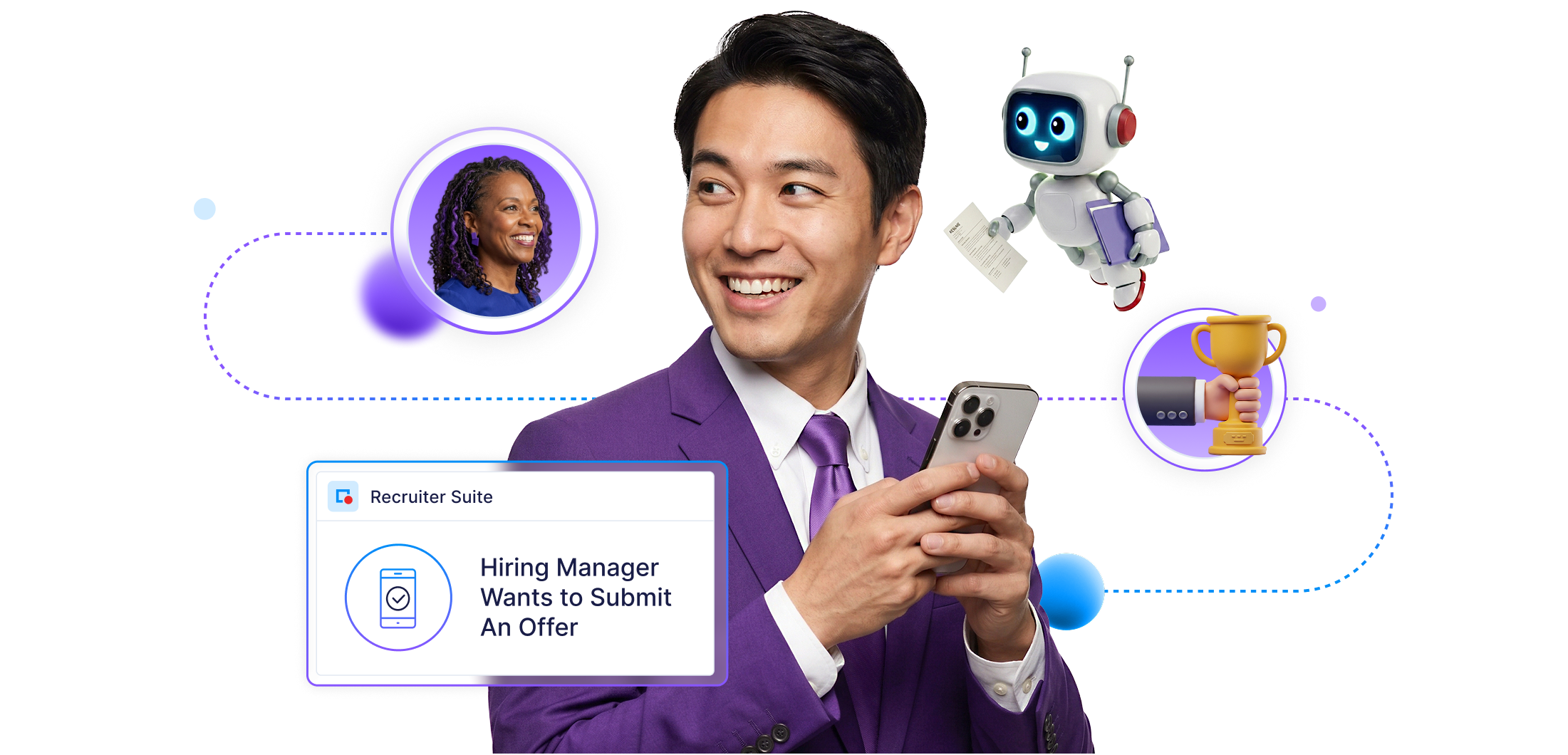 Smiling man in a purple suit holding a smartphone with icons of a woman, a robot holding a document, and a hand holding a trophy around him, alongside a message box stating 'Hiring Manager Wants to Submit An Offer'.