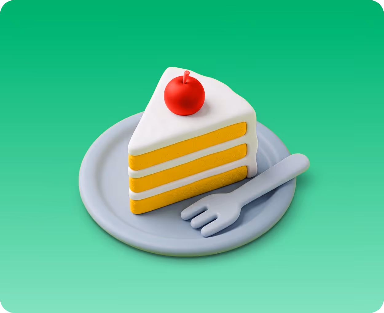 Three-layer slice of yellow cake with white frosting and a red cherry on top, on a gray plate with a fork.