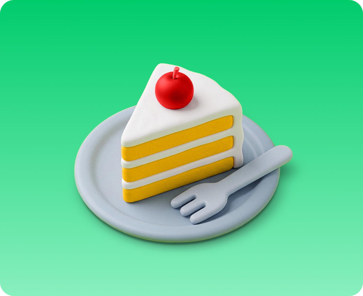 Three-layer slice of yellow cake with white frosting and a red cherry on top, on a gray plate with a fork.