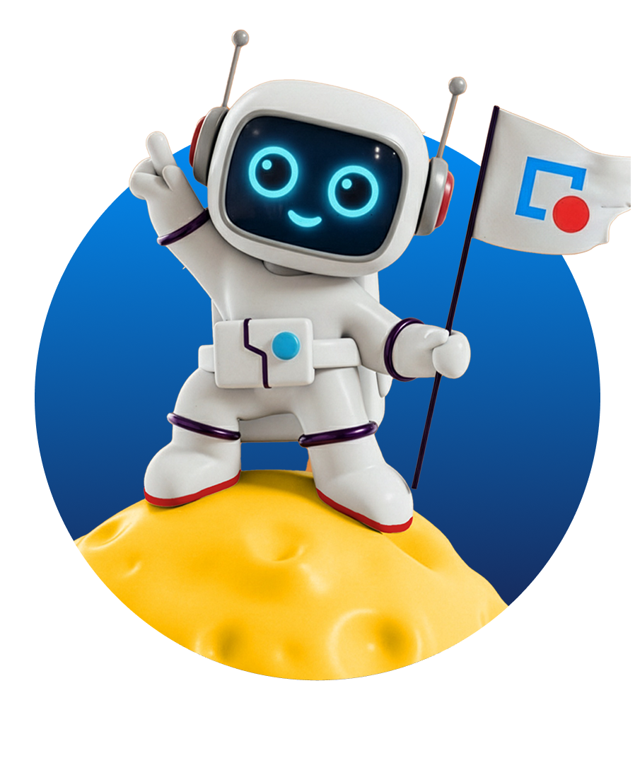 Friendly astronaut mascot standing on a yellow cratered surface, holding a flag with a blue square and red circle design.