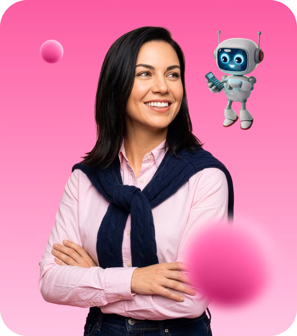 Smiling woman in a pink shirt with a navy sweater draped over her shoulders, looking to the side with a small cheerful robot holding a calculator floating nearby on a pink background.