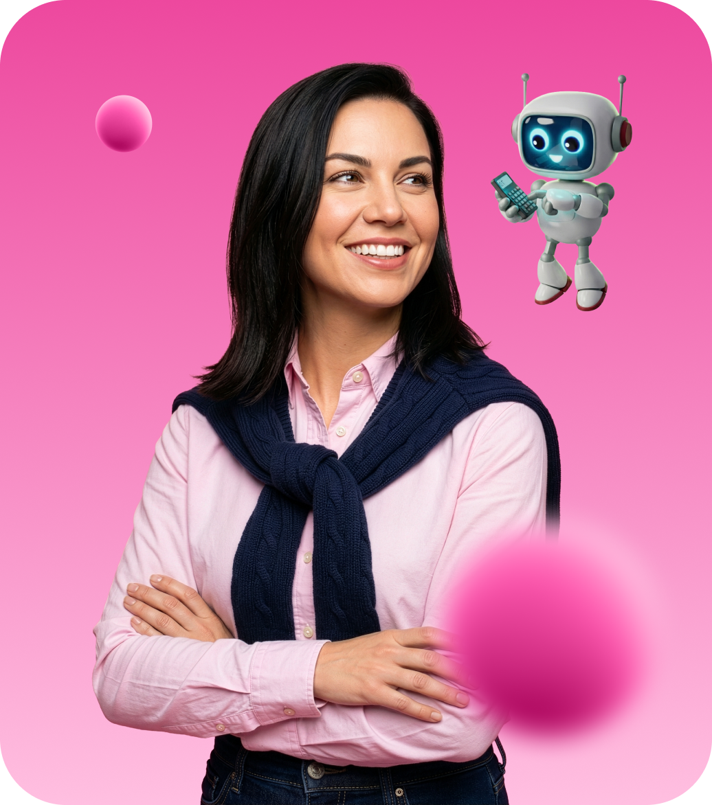 Smiling woman in a pink shirt with a navy sweater draped over her shoulders, looking to the side with a small cheerful robot holding a calculator floating nearby on a pink background.