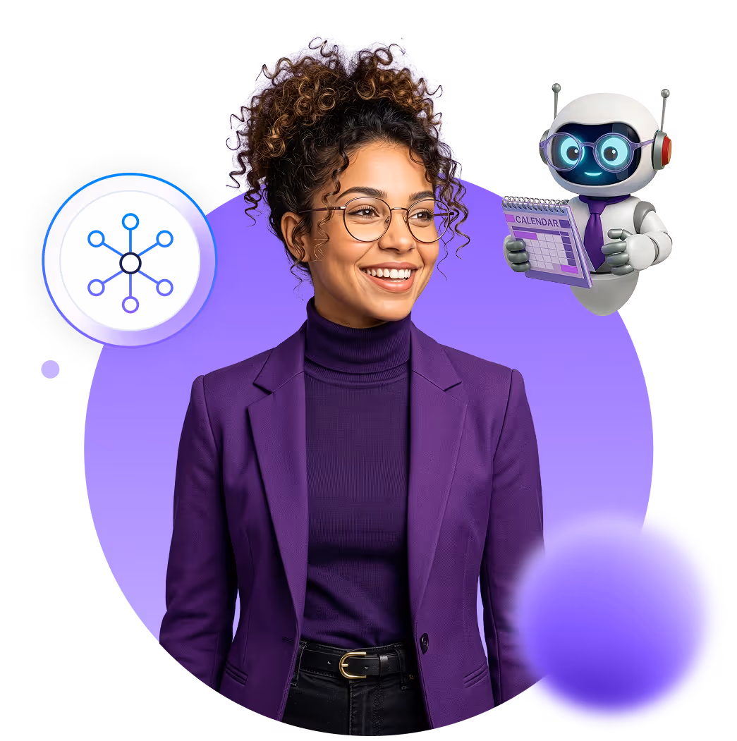 Smiling woman in glasses and purple blazer with robot holding a calendar and a network diagram icon on a purple circle background.