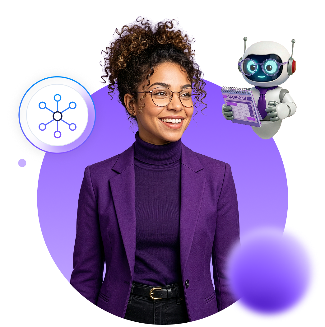 Smiling woman in glasses and purple blazer with robot holding a calendar and a network diagram icon on a purple circle background.