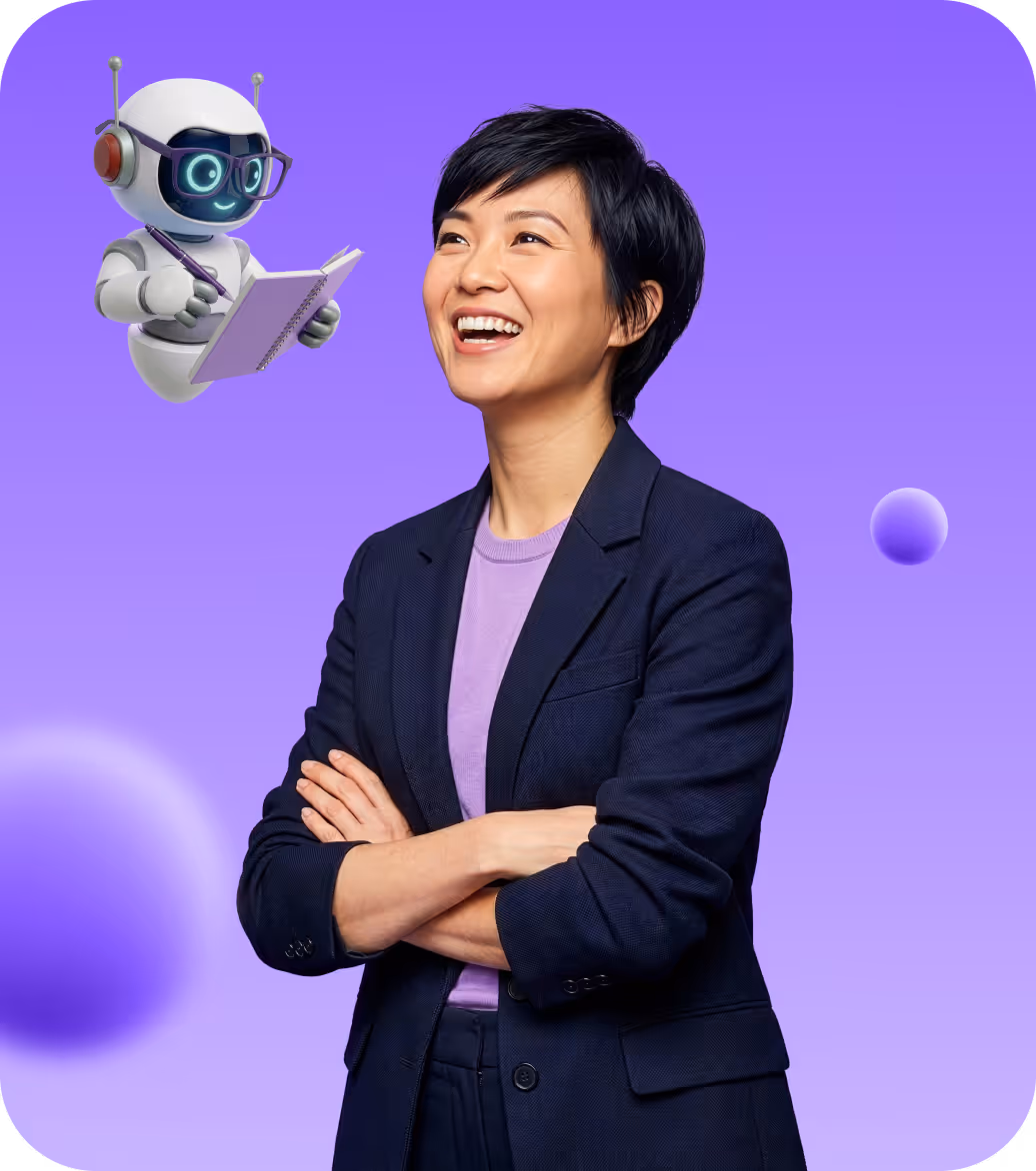 Smiling woman with short black hair and crossed arms, looking at a small friendly robot holding a notebook and pen on a purple gradient background.
