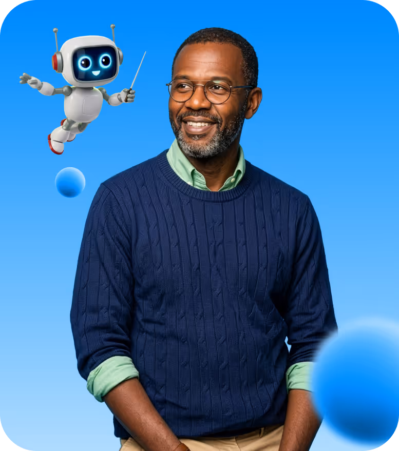 Smiling man wearing glasses and a navy blue sweater with rolled-up sleeves, with a friendly floating robot on a blue background.