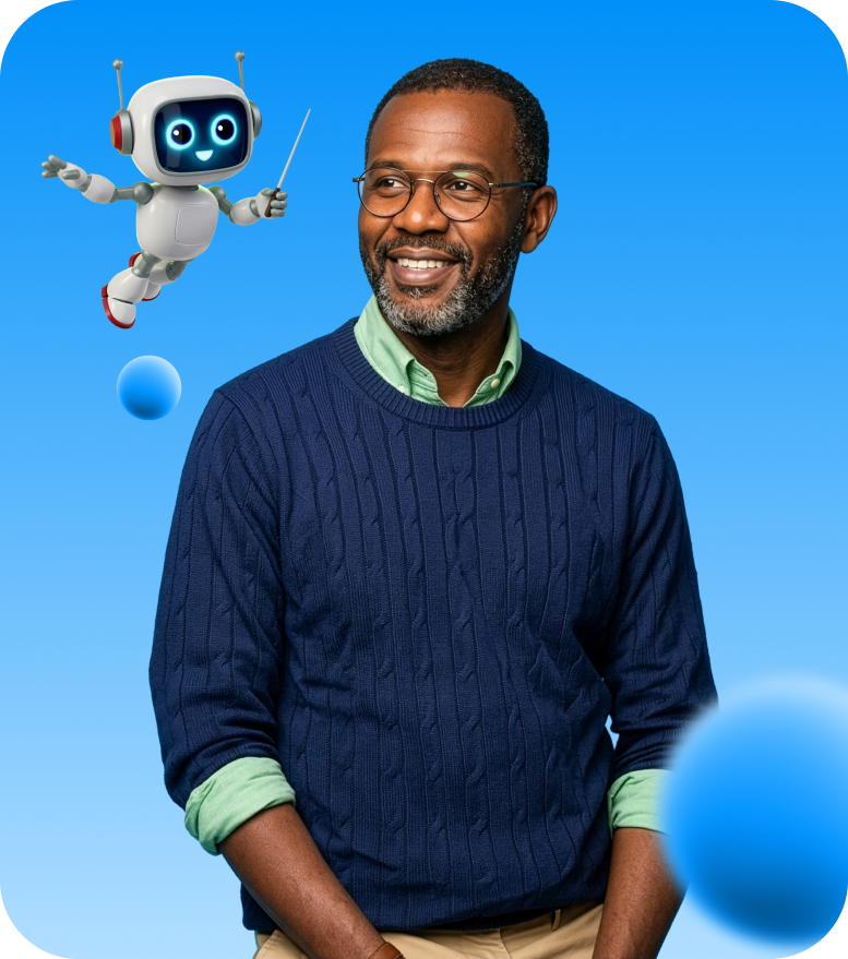 Smiling man wearing glasses and a navy blue sweater with rolled-up sleeves, with a friendly floating robot on a blue background.