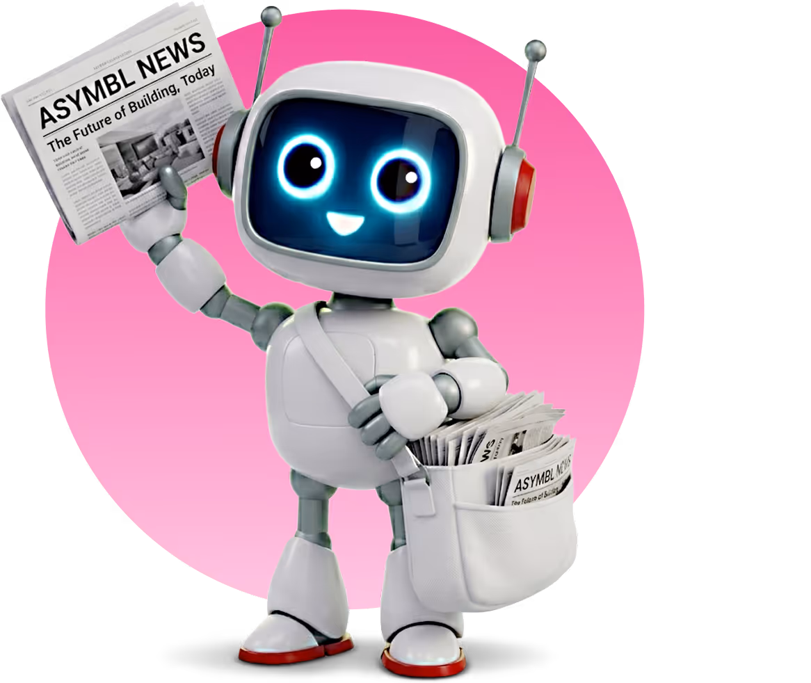 Friendly robot with glowing blue eyes holding a newspaper titled 'ASYMBL NEWS' and carrying a white messenger bag full of newspapers, against a pink circular background.