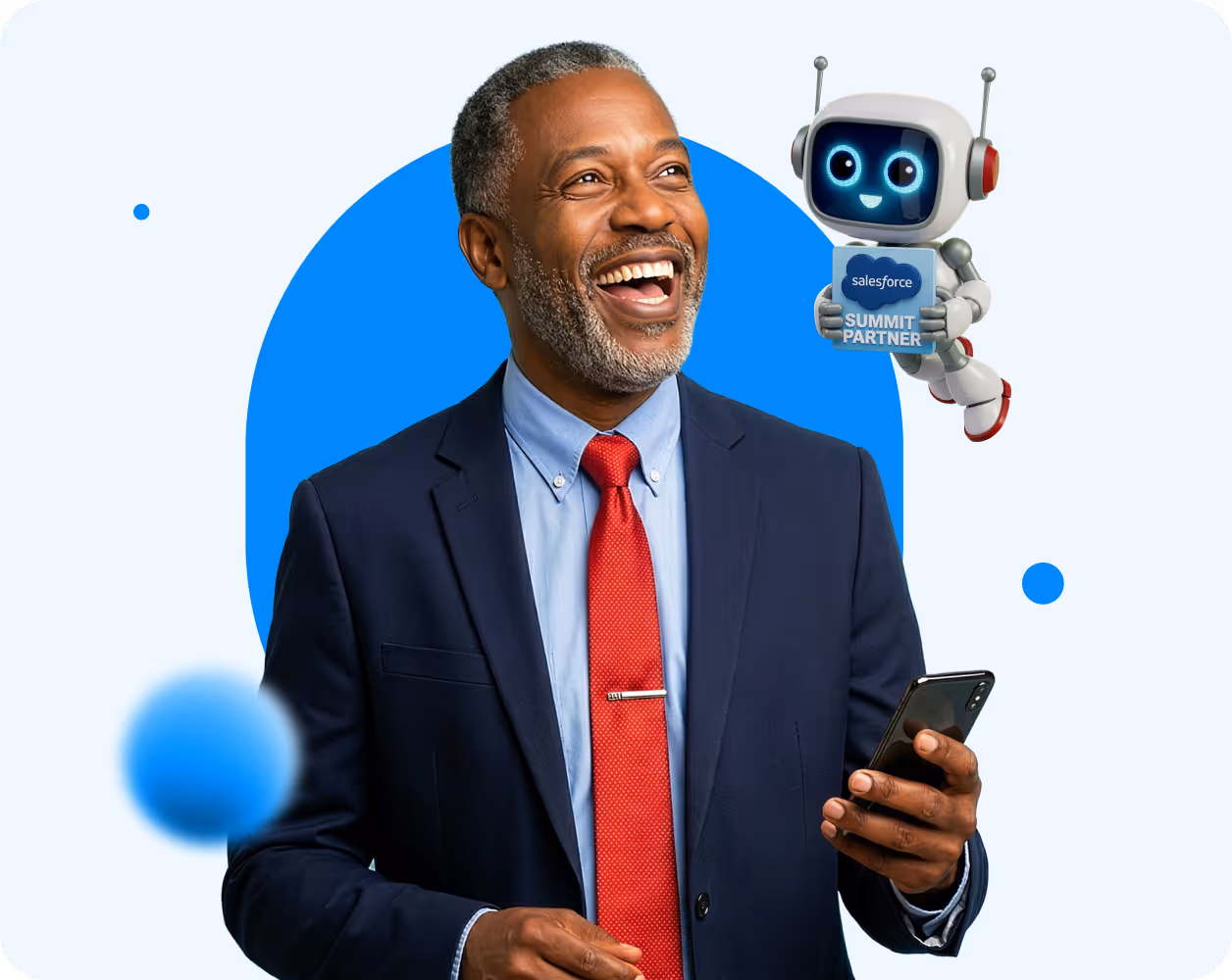 Smiling man in suit and red tie holding a smartphone with a friendly robot holding a Salesforce Summit Partner sign.