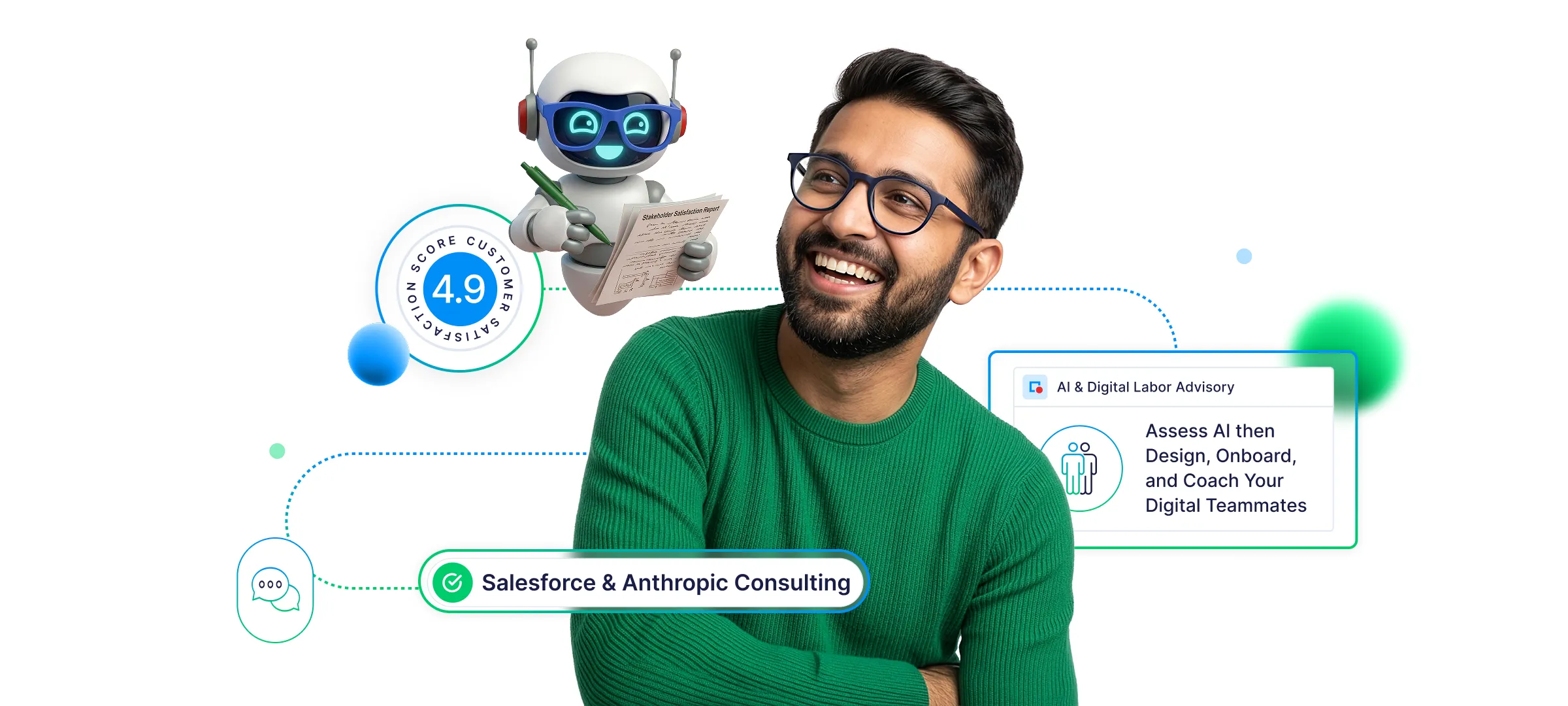 Smiling man in green sweater and glasses with a robot holding a Stakeholder Satisfaction Report, a 4.9 customer satisfaction score, and labels for Salesforce Consulting and Digital Labor Advisory services.