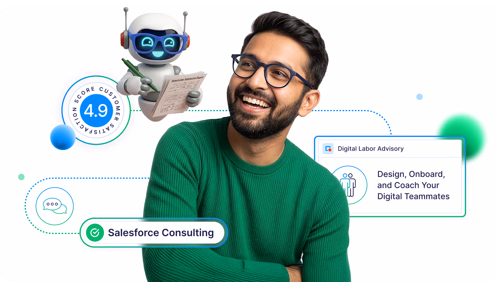 Smiling man in green sweater and glasses with a robot holding a Stakeholder Satisfaction Report, a 4.9 customer satisfaction score, and labels for Salesforce Consulting and Digital Labor Advisory services.